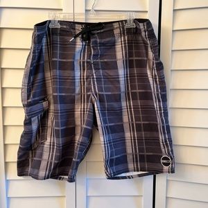 Oneill Board Shorts Mens 38 Surfing Trunks Multicolor Plaid Pocket.